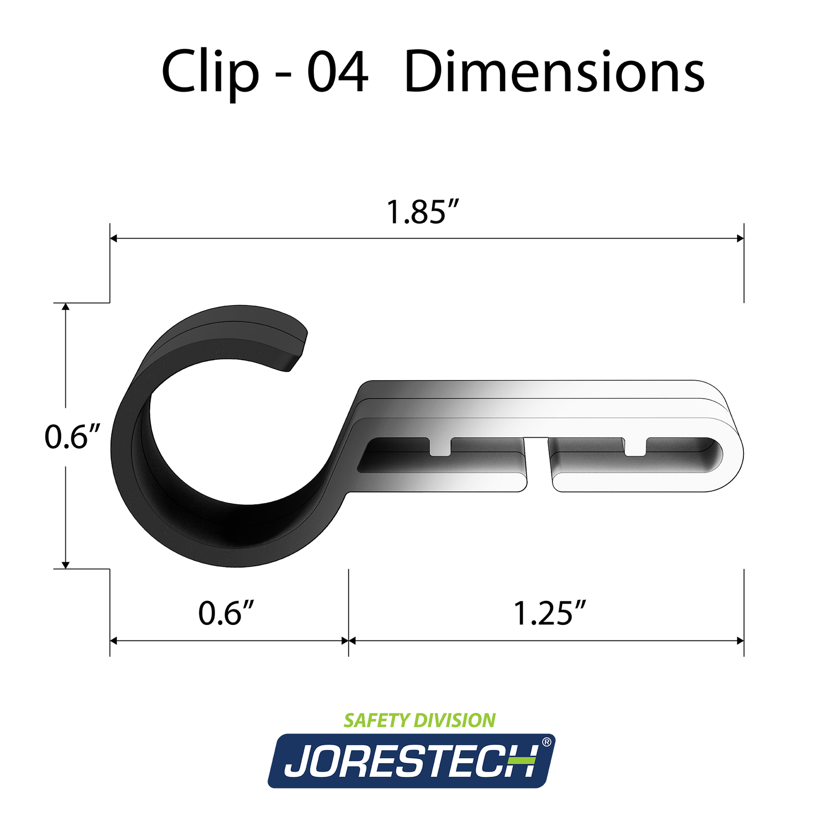 Show the dimensions of the JORESTECH hard hat headlamp clip. The length of the clip of 1.85