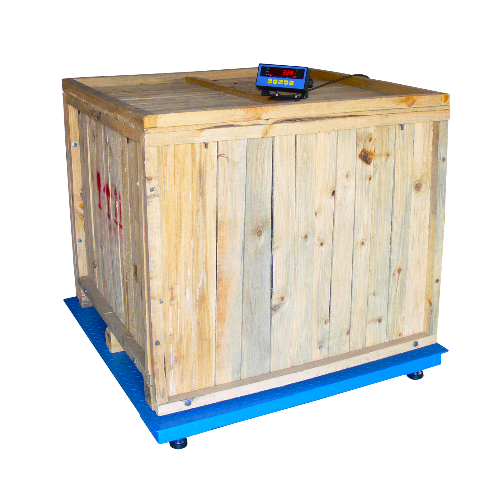 blue commercial pallet floor scale with wooden square pallet on top and digital display