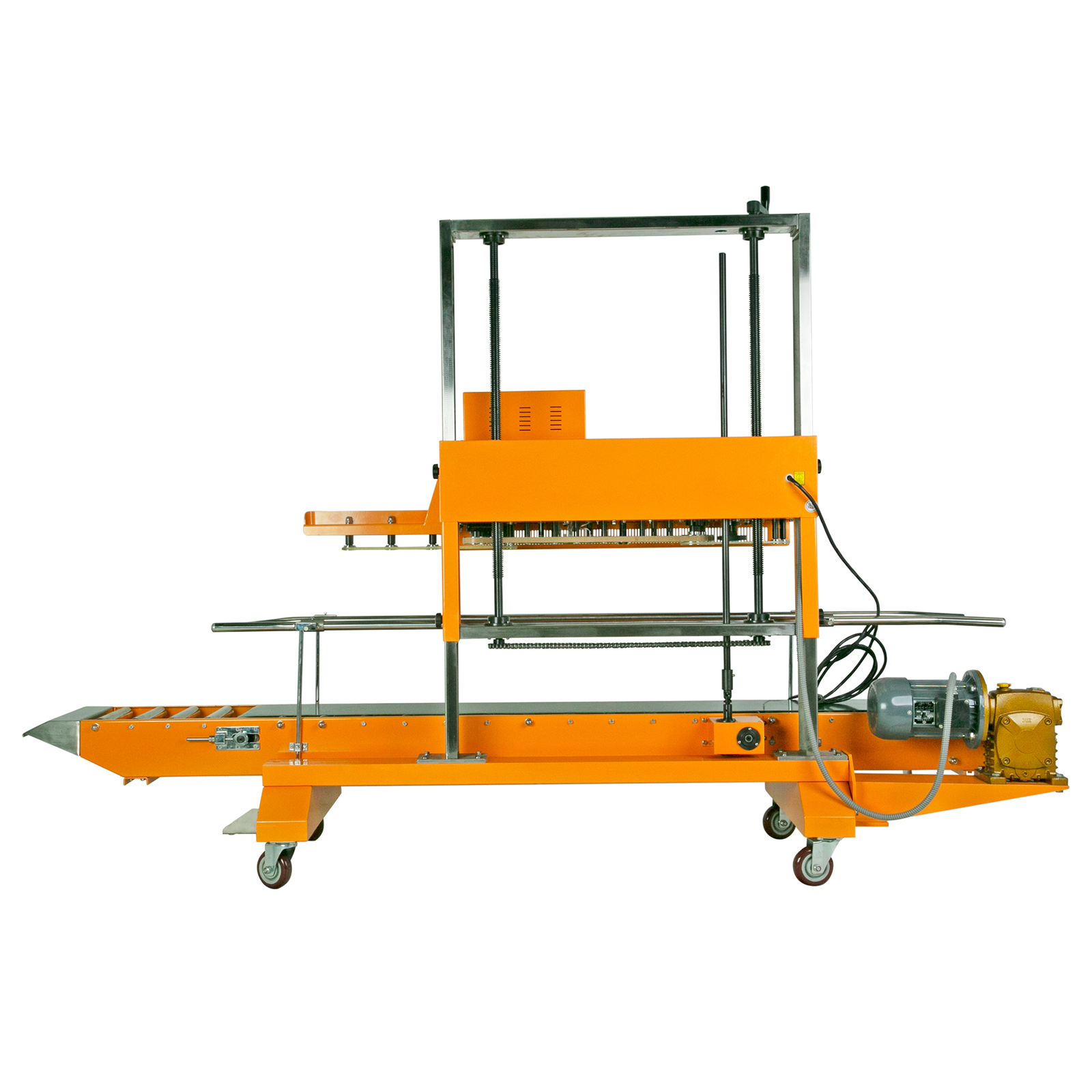 Back view of yellow JORESTECH heavy duty vertical continuous band sealer for sealing large bags
