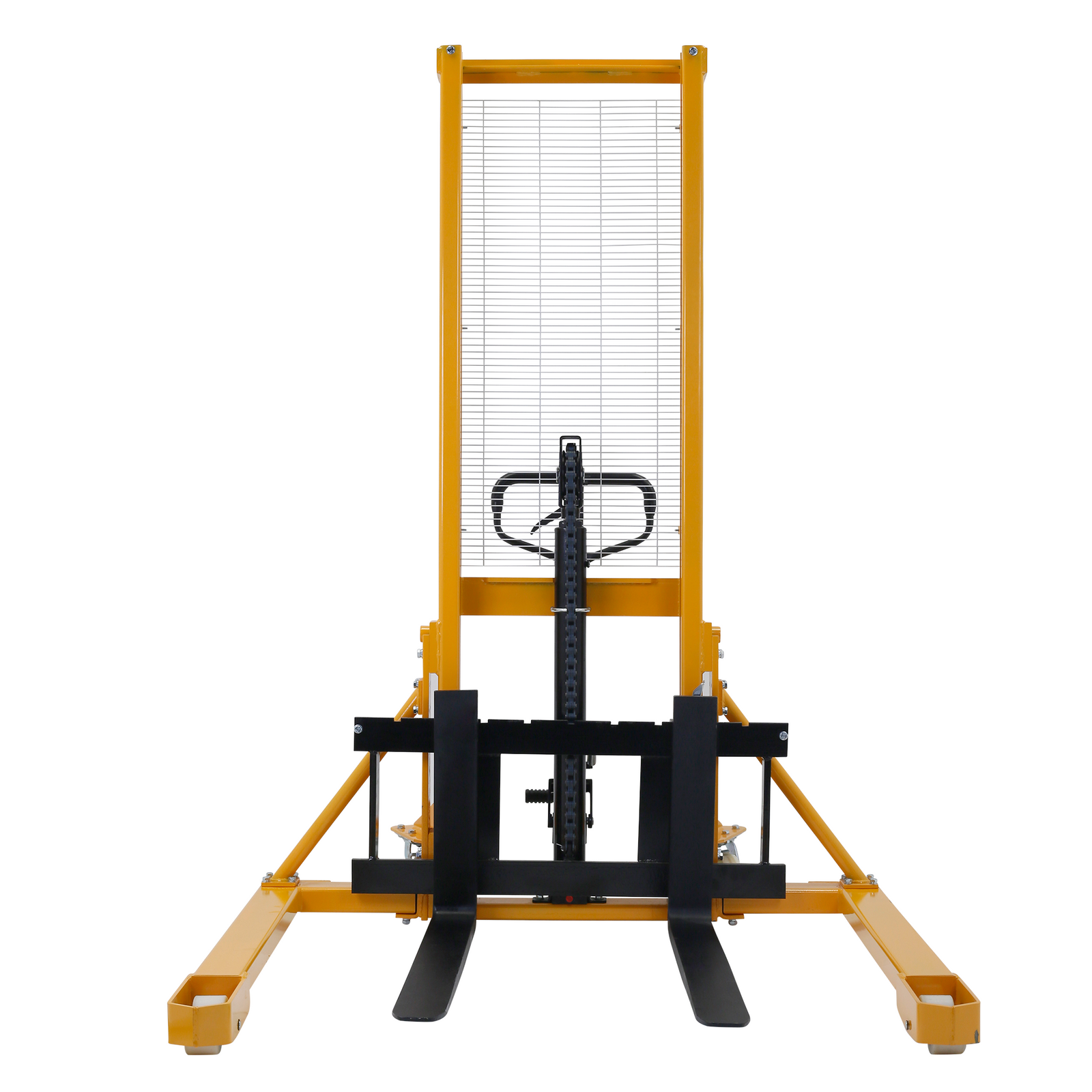 Front view of a yellow and black JORESTECH manual pallet stacker with the nails down
