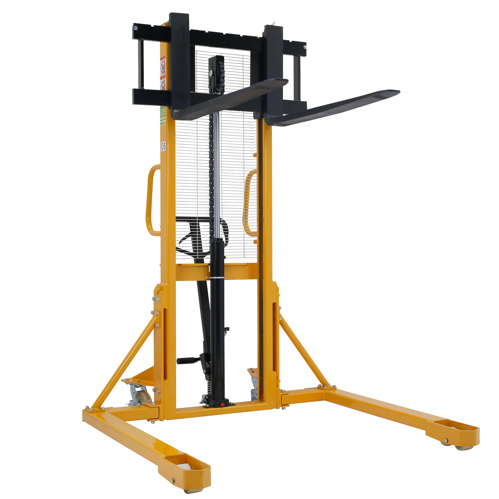 Diagonal view of a yellow and black JORESTECH pallet stacker with the nails elevated