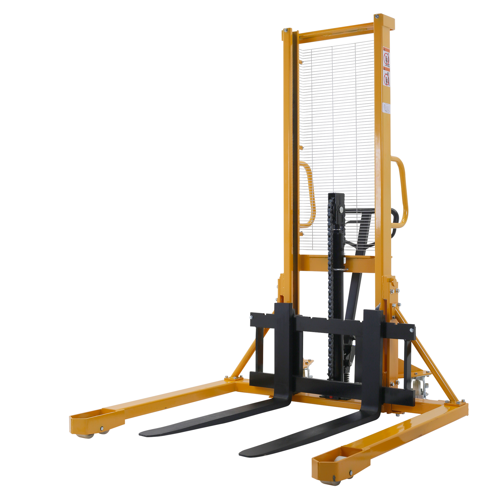 Diagonal view of a yellow and black JORESTECH heavy duty manual pallet stacker over white background