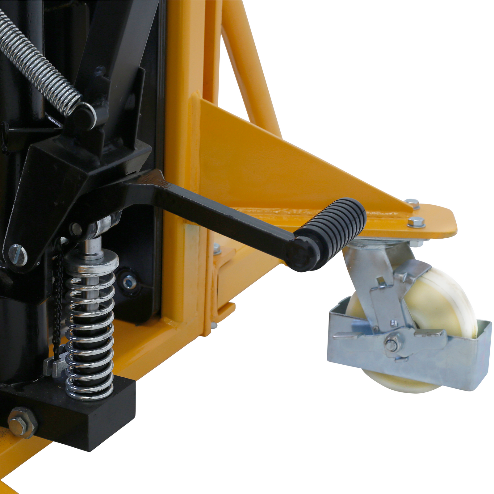 Close up showing part of the mechanism of the black and yellow pallet stacker