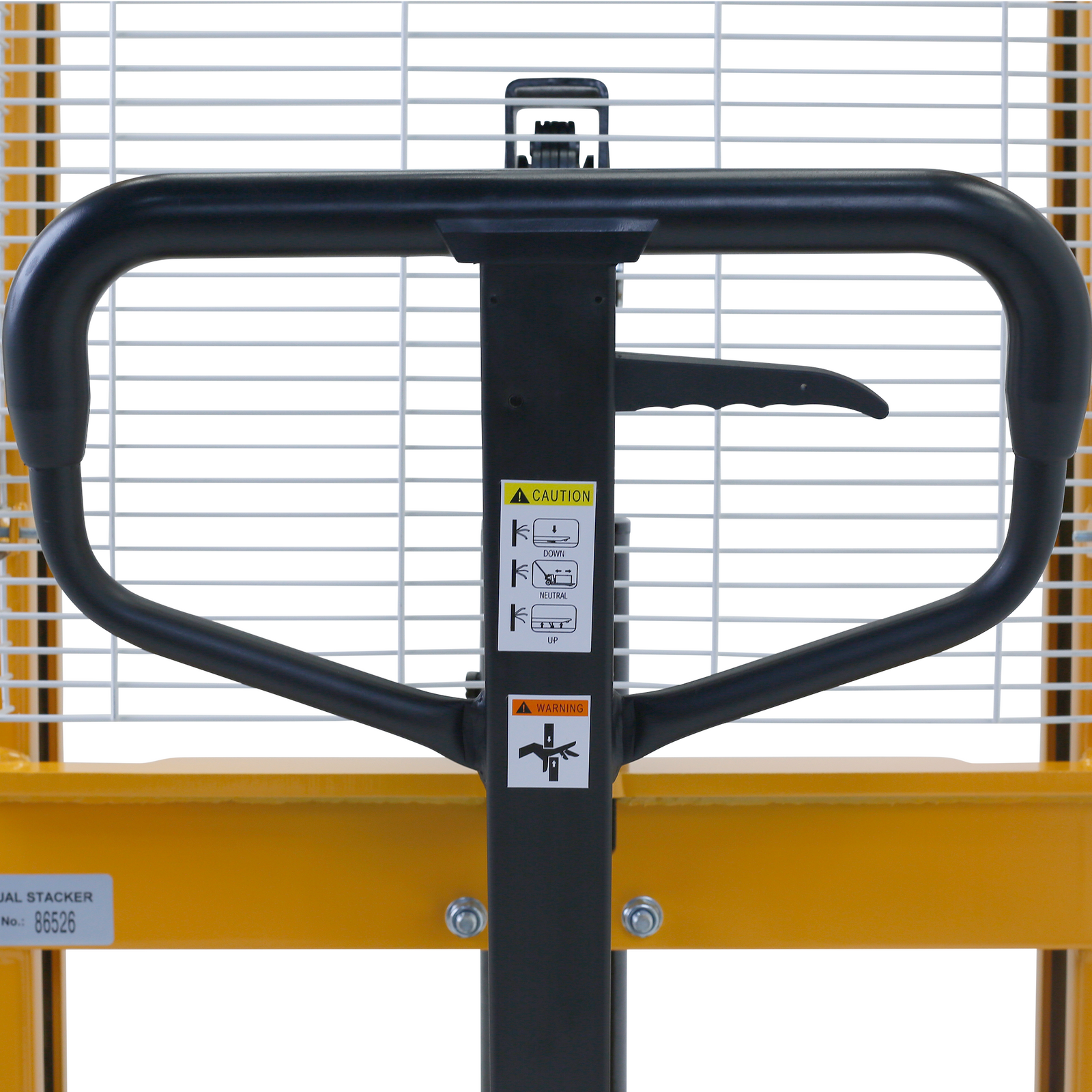 close up showing the handle of the JORESTECH pallet stacker