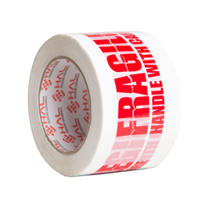 white tape with red text saying fragile handle with care