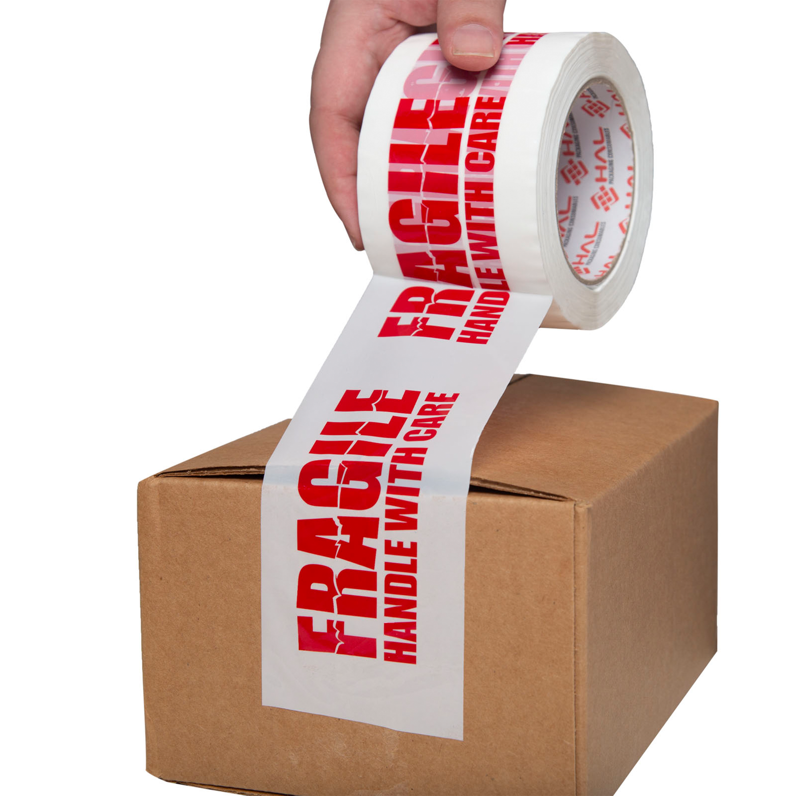 person using white printed tape fragile to tape together brown box