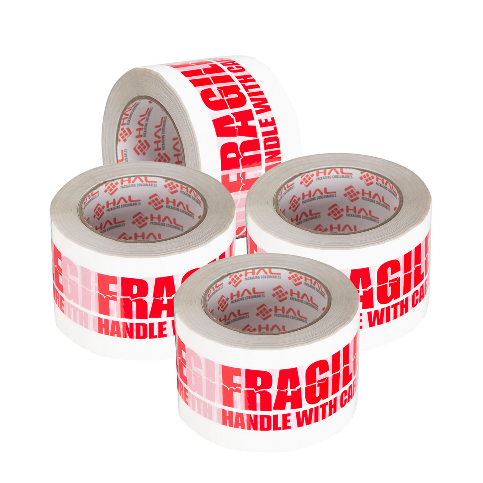 four white tape with red text saying fragile handle with care