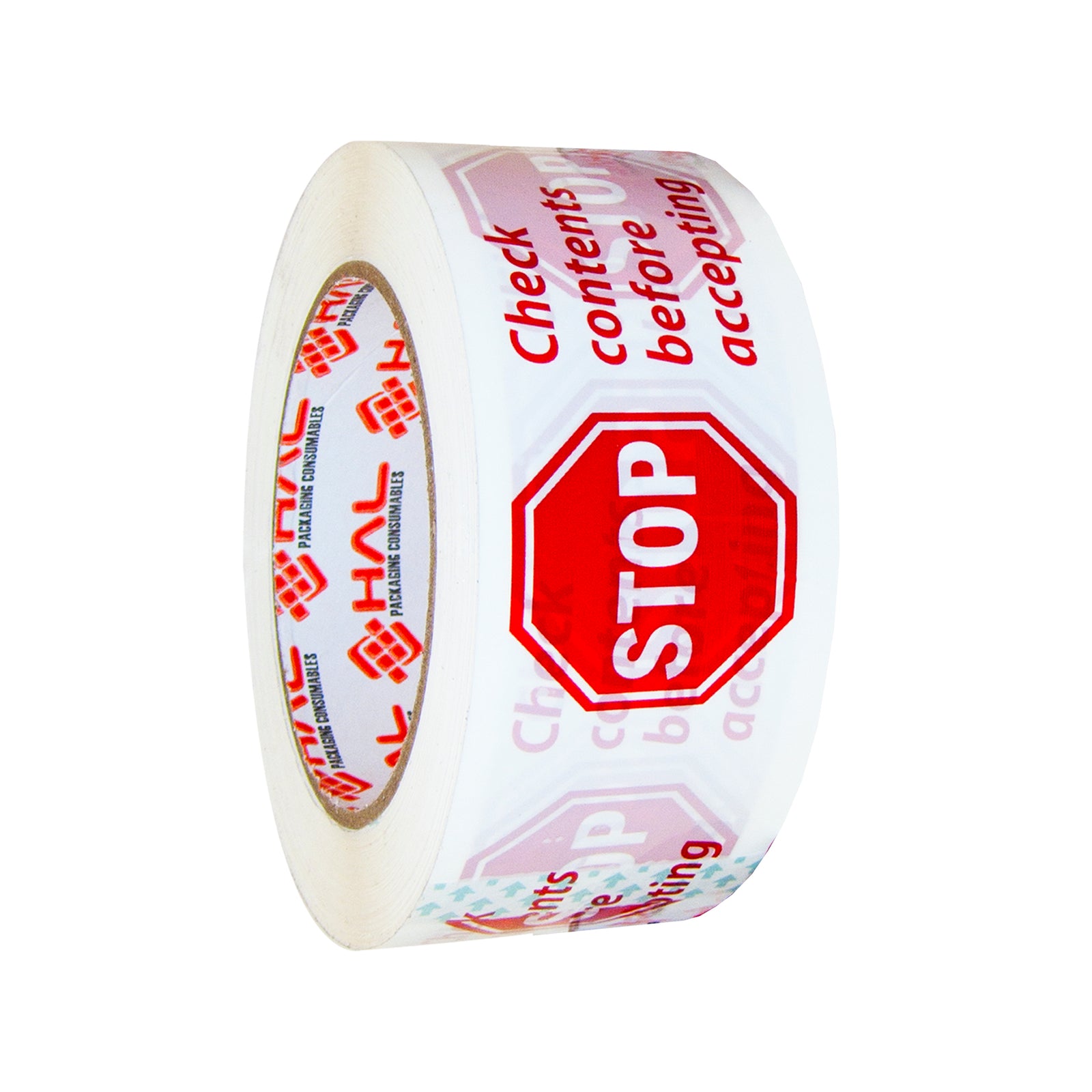 white roll of packaging tape with red stop sign and check contents before accepting message