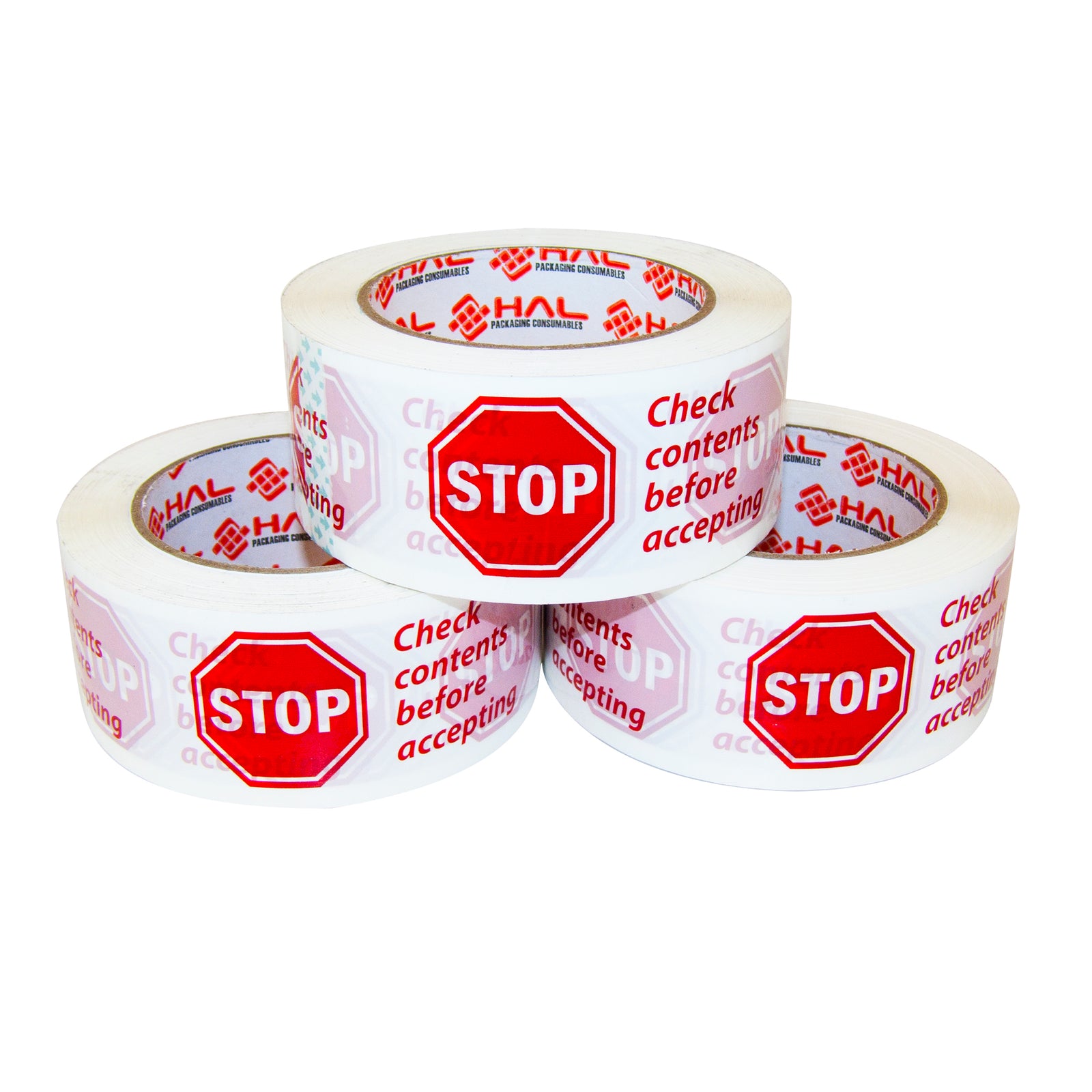 three white rolls of packaging tape with red stop sign and check contents before accepting message stacked.