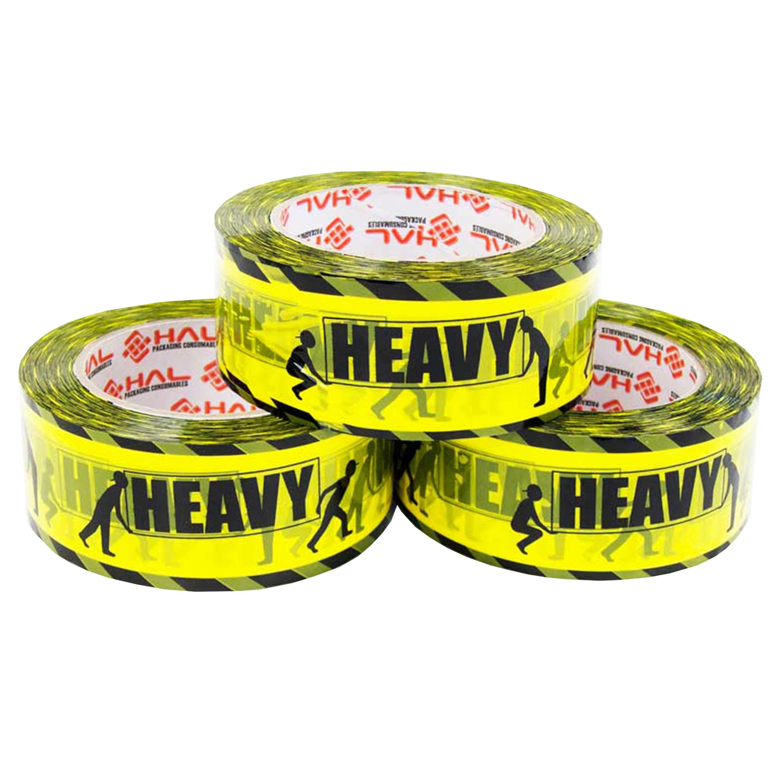 group of three yellow and black printed packaging tape with two men figures holding a heavy sign