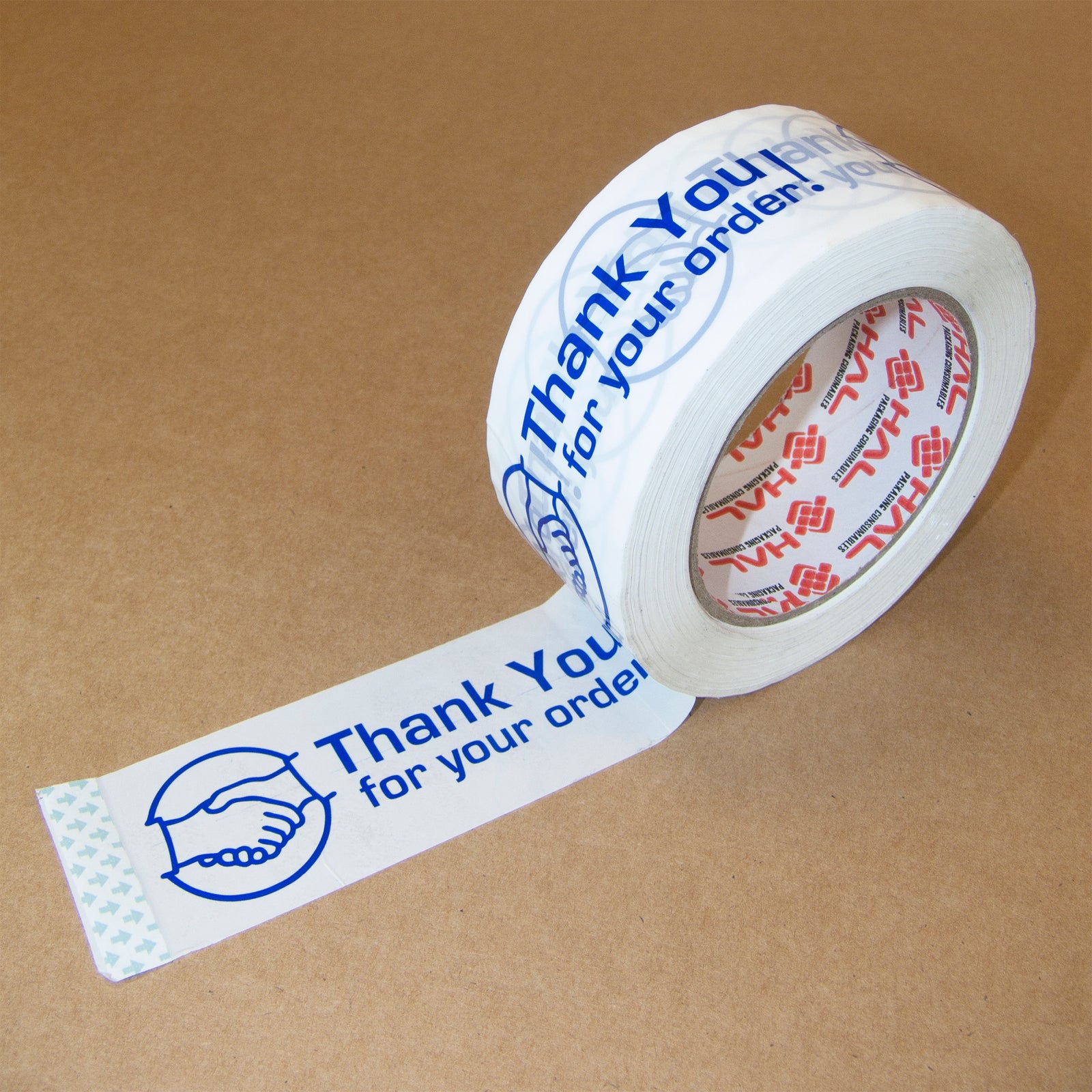 white roll of packaging with blue message that states 