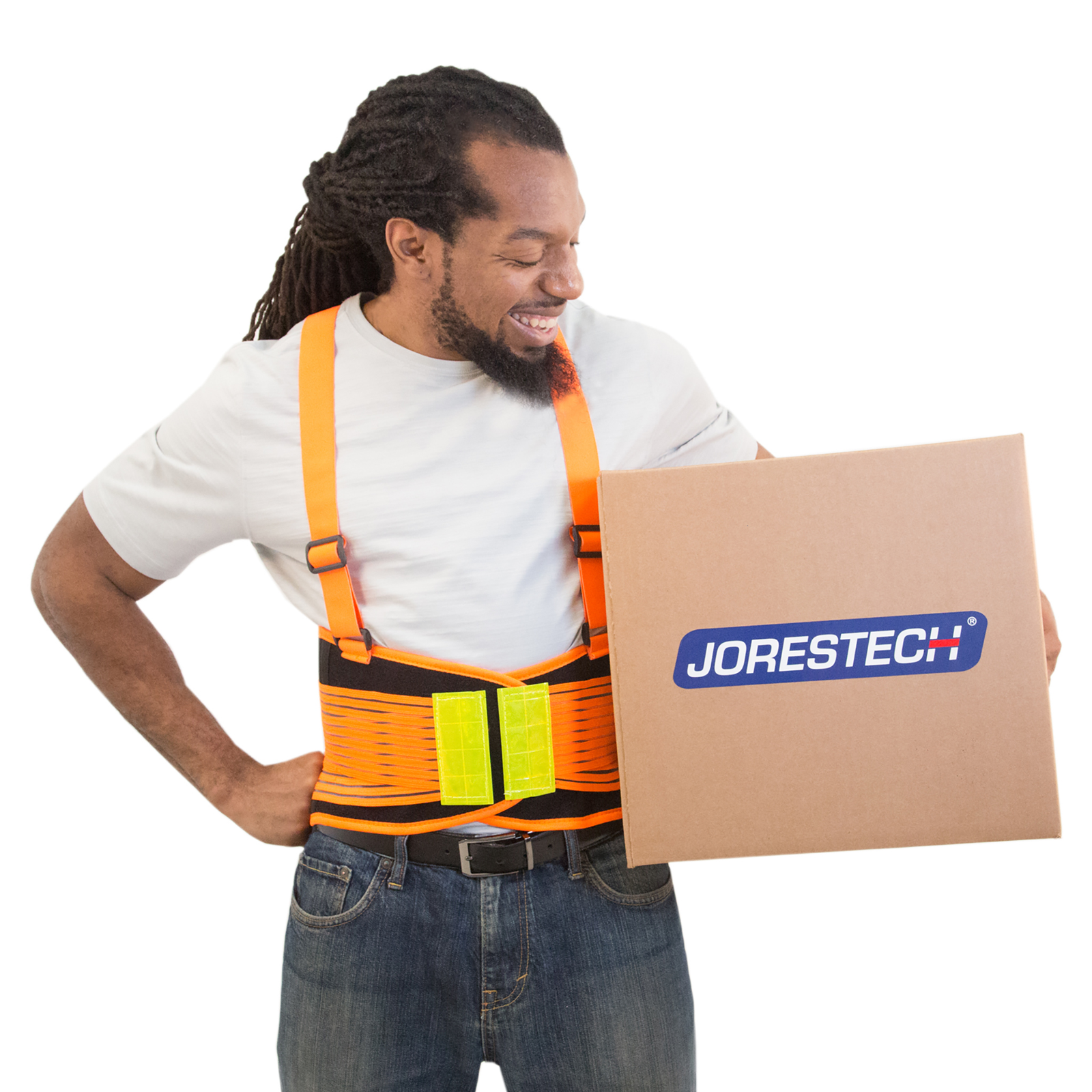 A worker wearing the back support belt for lumbar support while carrying a heavy card box to avoid back injuries.