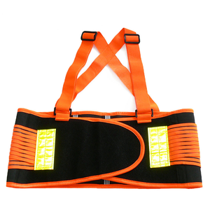 A back support belt featuring orange black and orange contrasting colors and reflerctive stripes to increase visibility of the wearer 