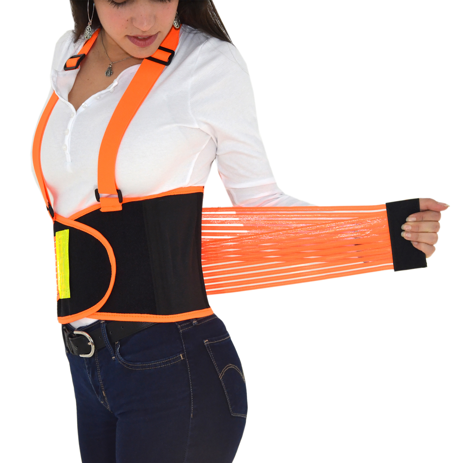 A lady pulling the elastic strap foro size adjustment of the JORESTECH back support belt with suspenders. 