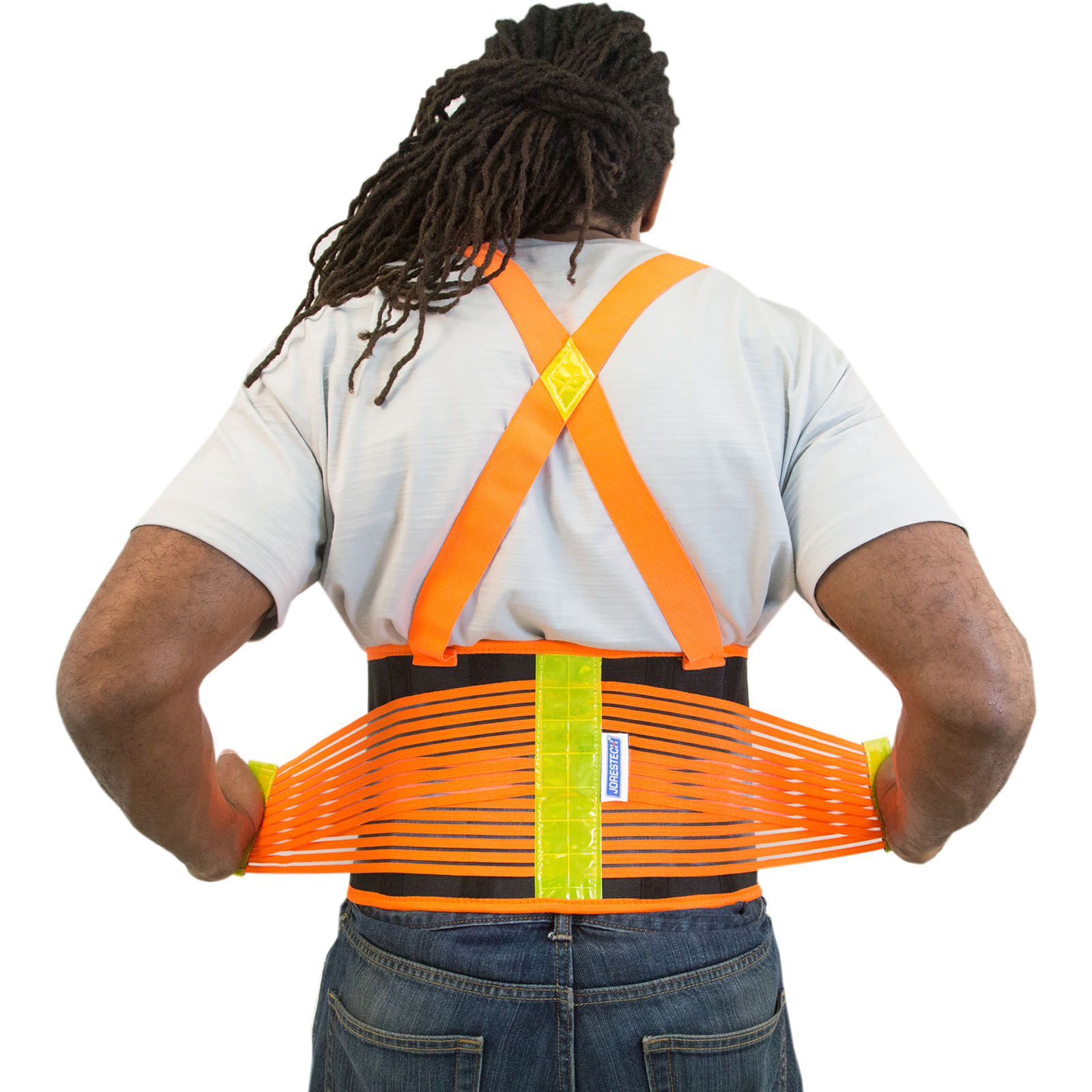 Back view of a fitted person wearing the JORESTECH Hi vis adjustable back support belt with suspenders and reflective stripes