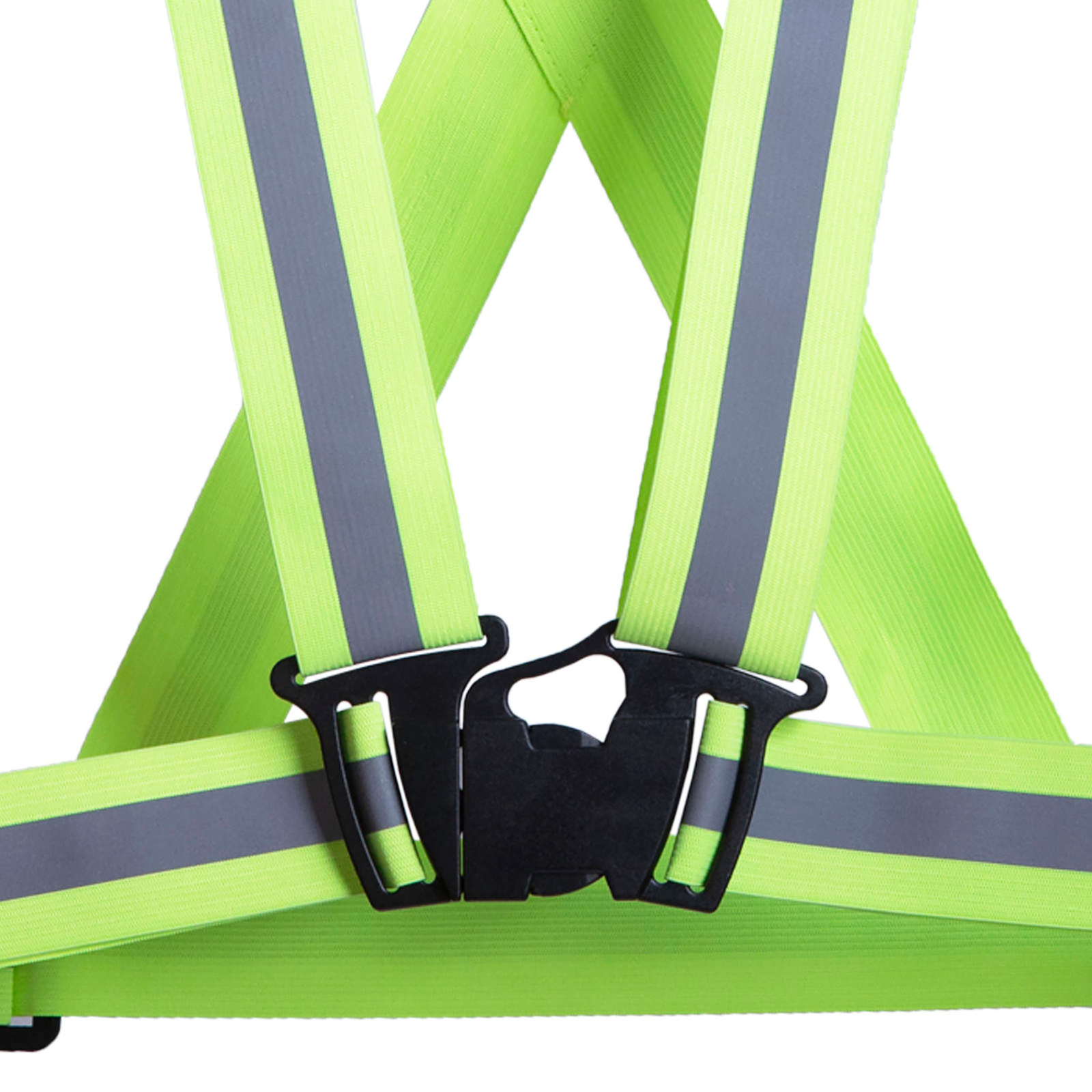 Close up view of the black closure system used on the lime JORESTECH® adjustable safety suspenders