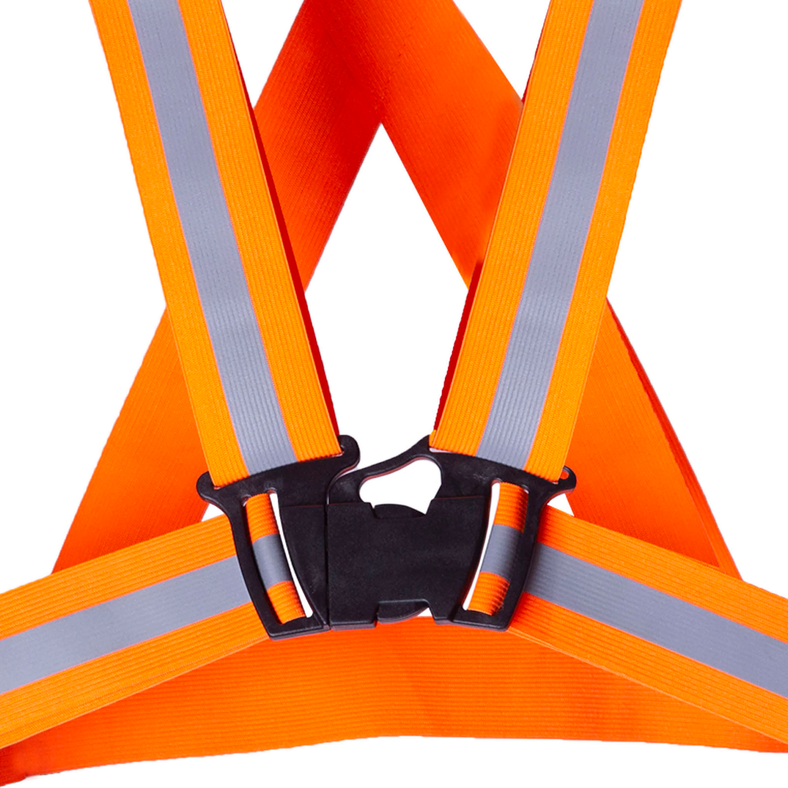 Close up view of the black closure system used on the orange JORESTECH® adjustable safety suspenders 