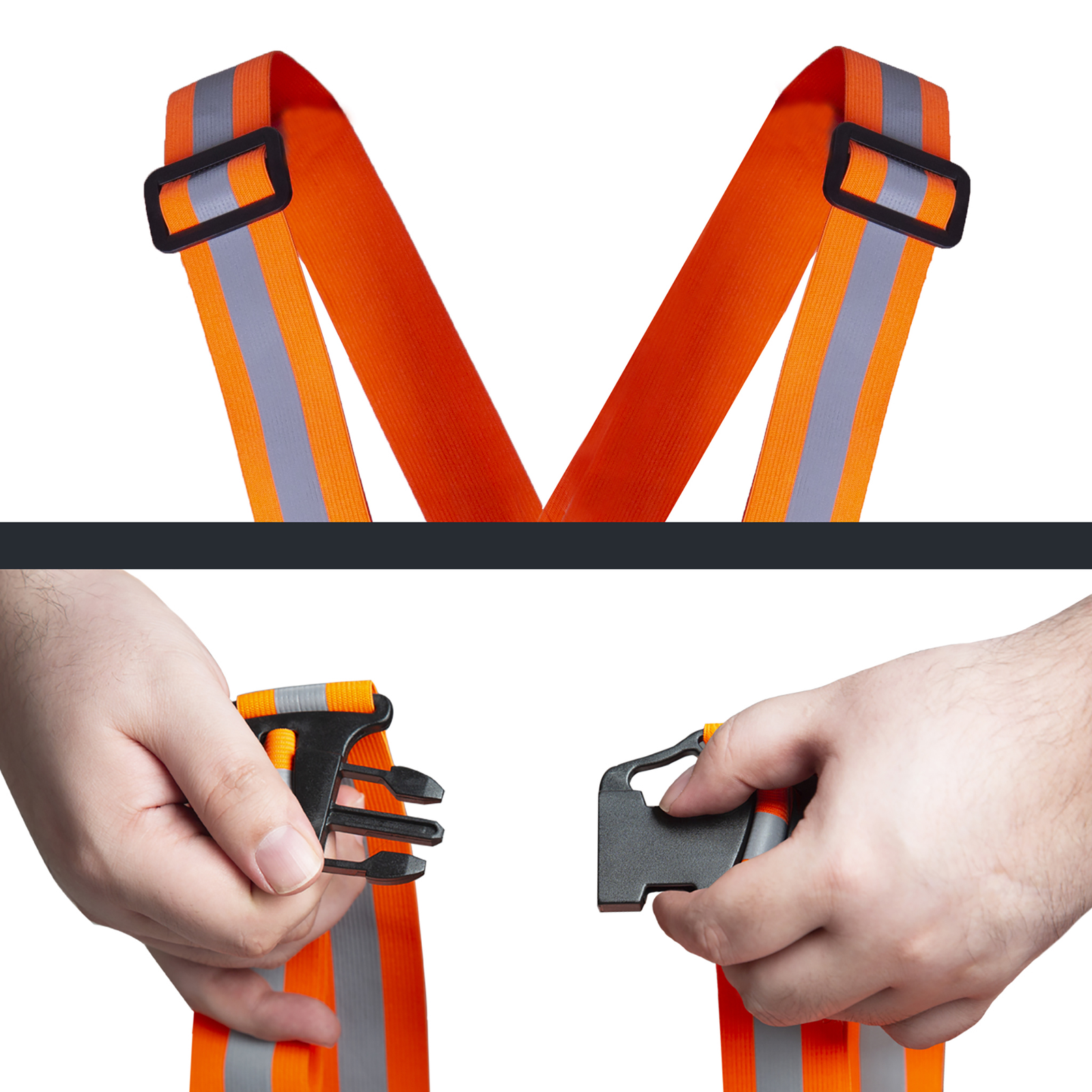 Features the adjustable straps and the closing system on the orange JORESTECH reflective suspenders