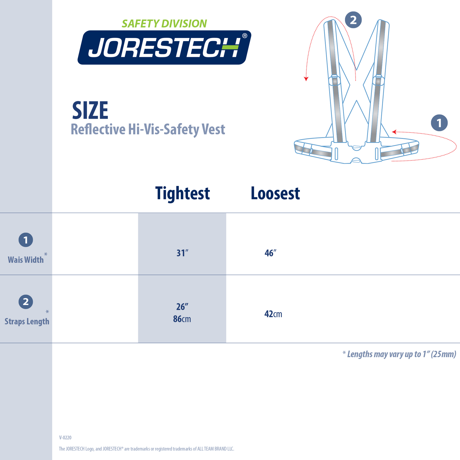 Size chart for the hi vis adjustable safety suspenders with reflective strips