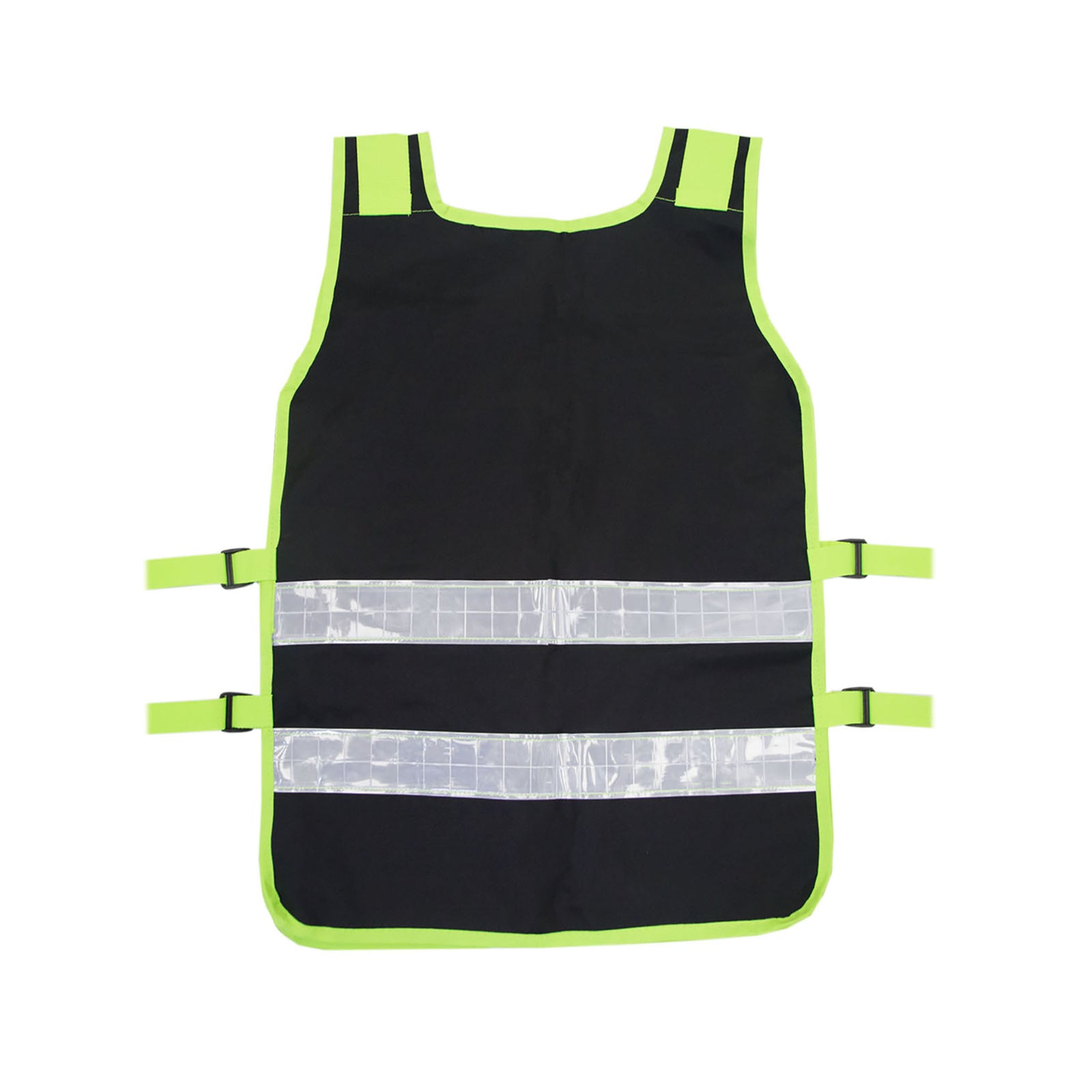 Back view of the black and lime high visibility size adjustable JORESTECH® tool vest with reflective strips on the back
