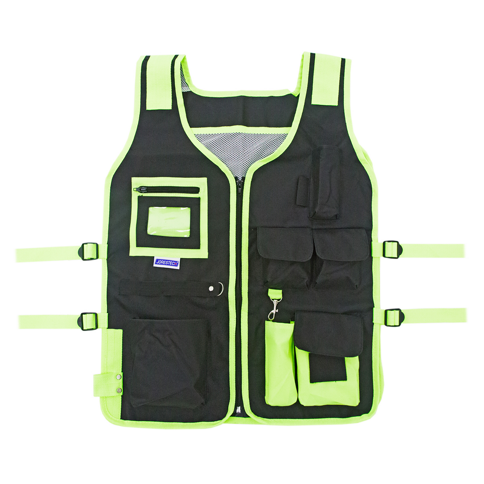 Black and lime high visibility size adjustable JORESTECH® tool vest with reflective strips and numerous pockets. 