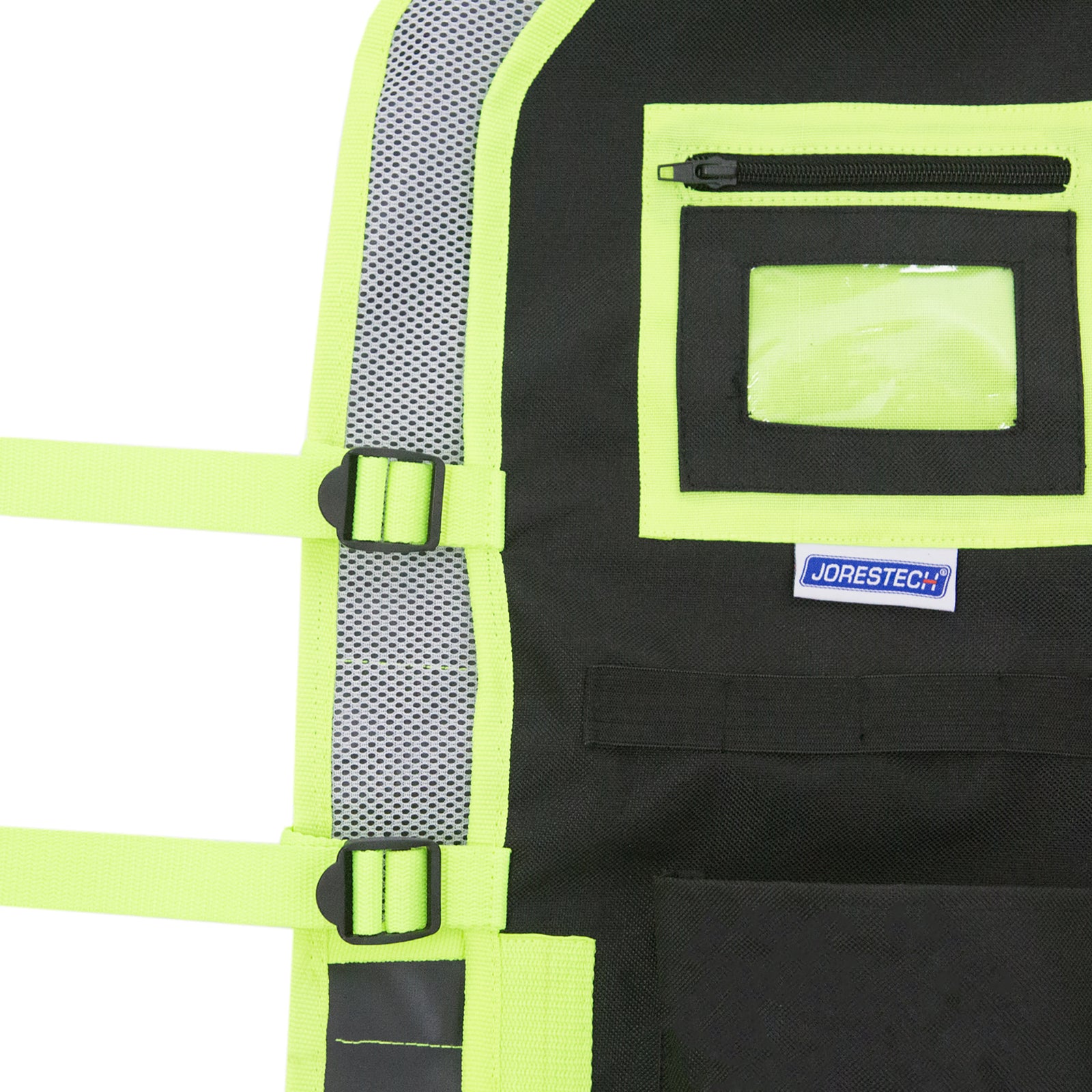 2 adjustable straps located on one sides of the high visibility JORESTECH tool vest for size adjustments