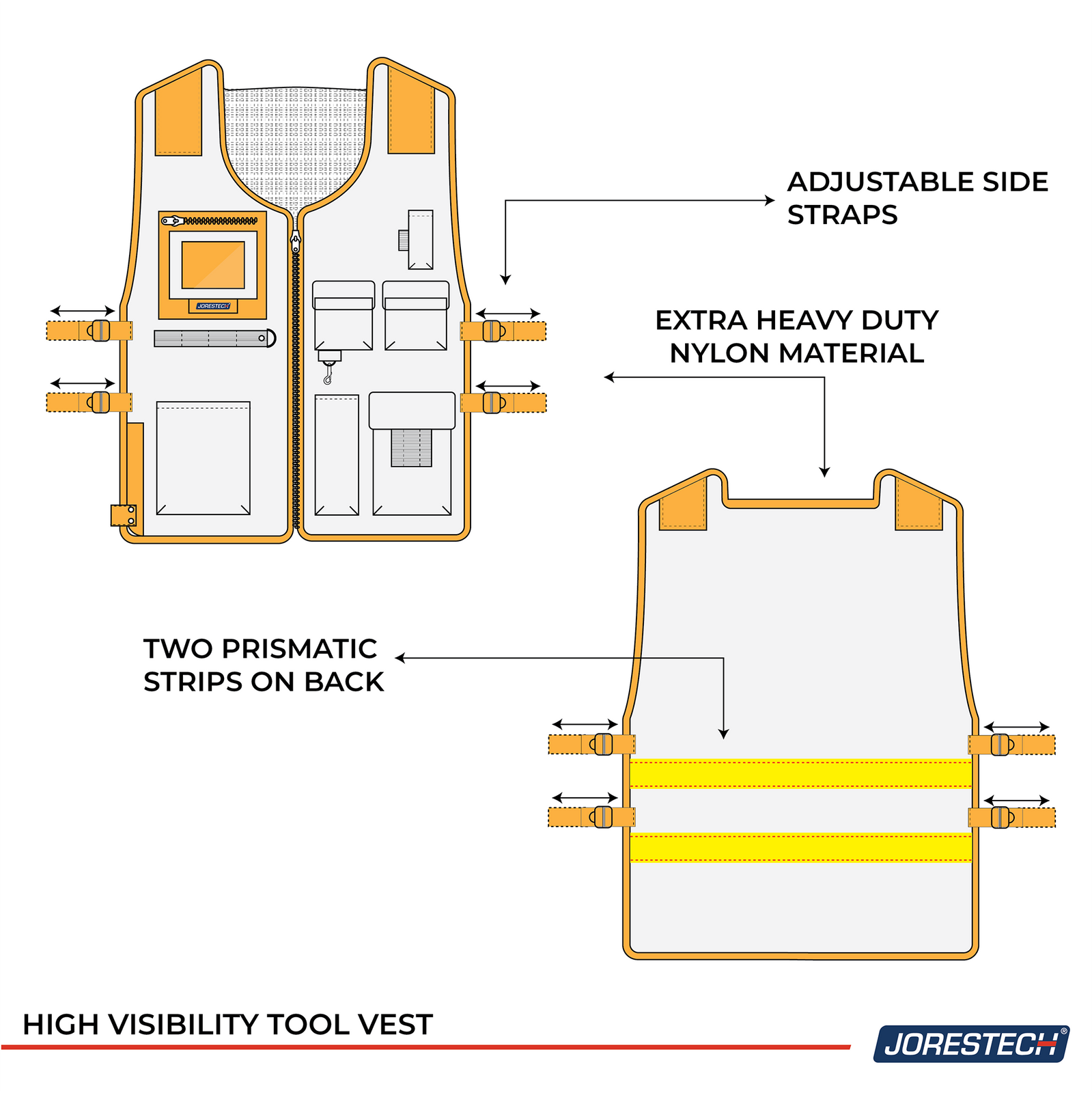 Diagram to show all 4 adjustable straps and the 2 prismatic strips on the back side of the JORESTECH tool vest