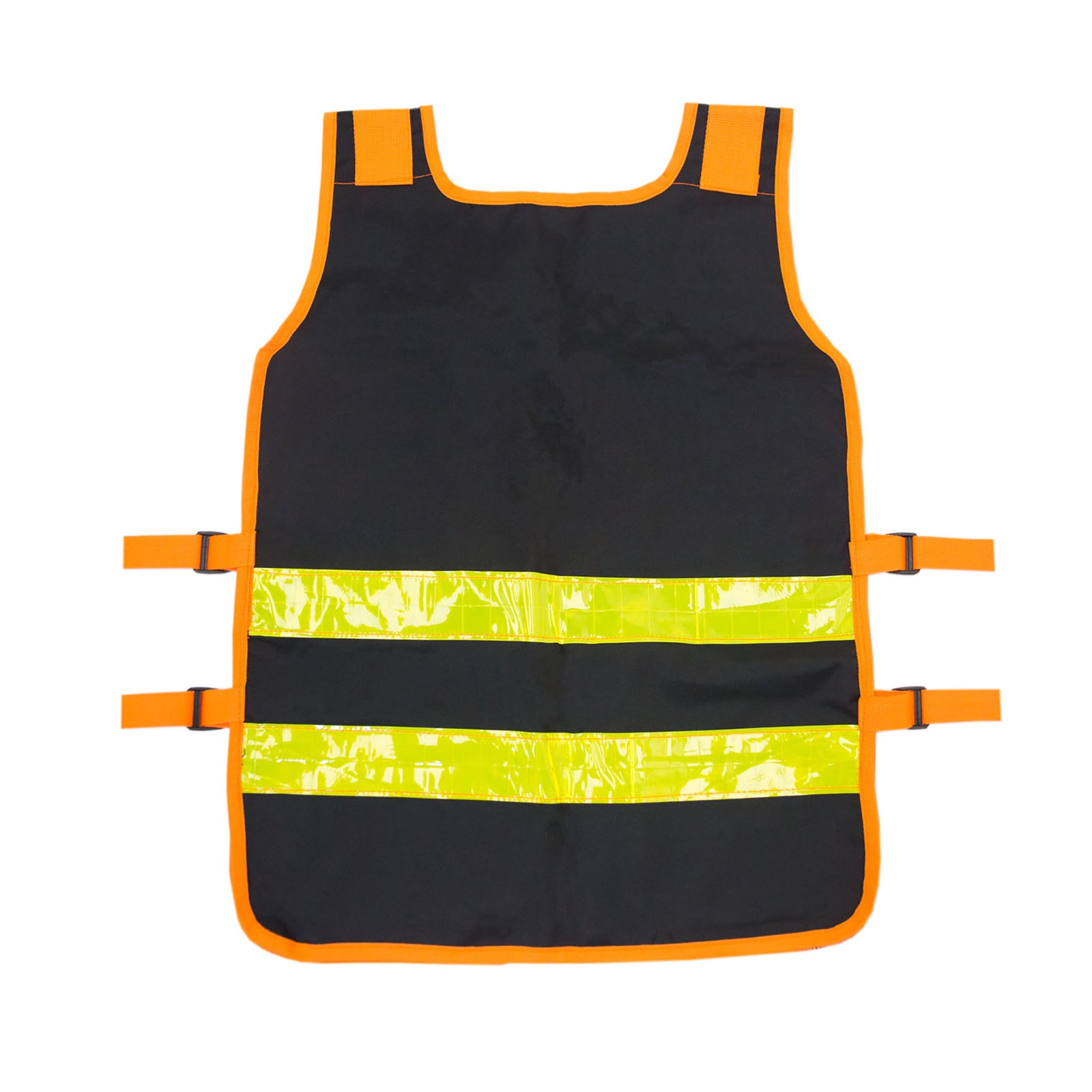 Back vie of the black and orange high visibility size adjustable JORESTECH® tool vest with reflective strips. 