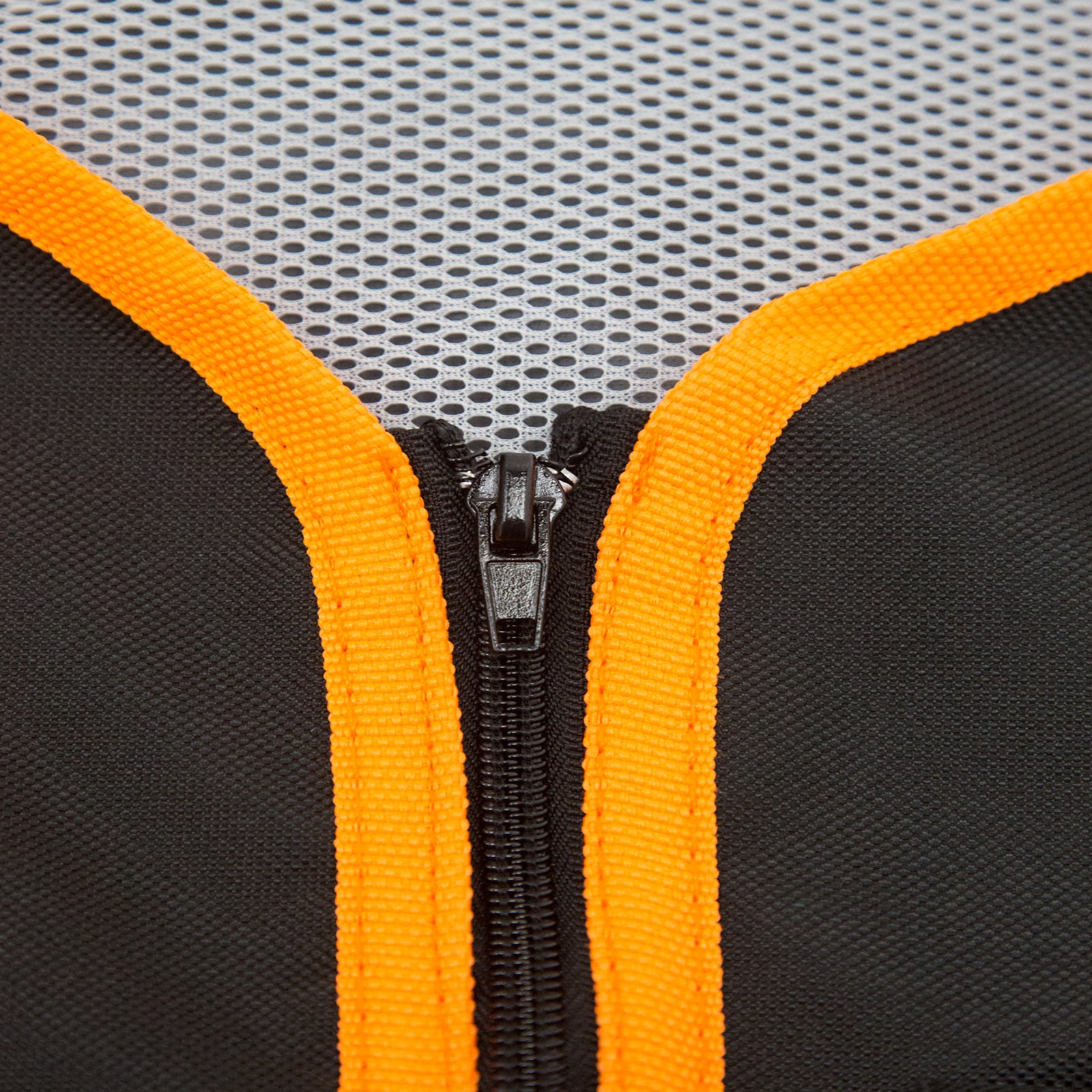 Close up shows the zipper and the mesh liner of the tool vest