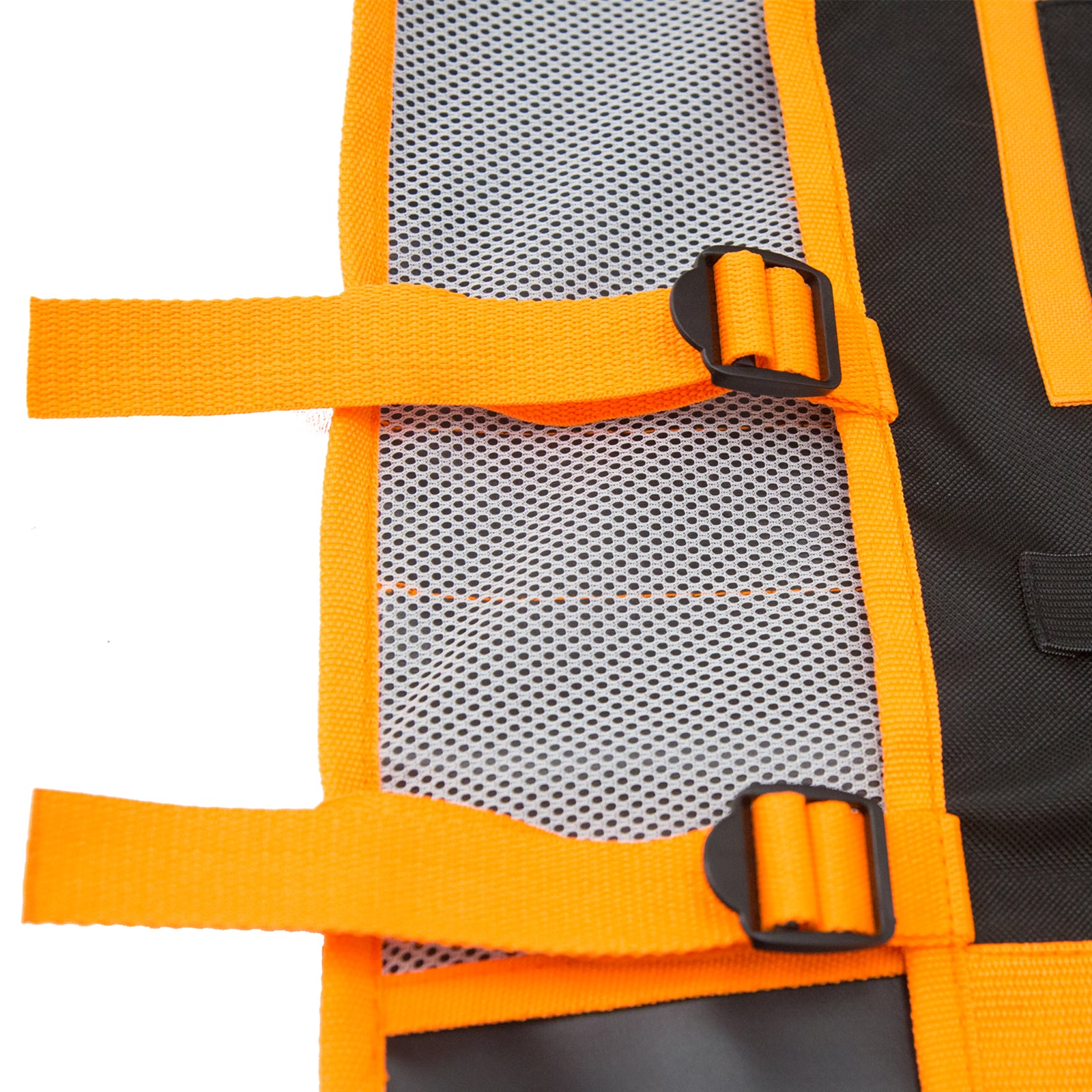 Close up to show the 2 adjustable side straps locates on each side of the tool vest for size adjustments