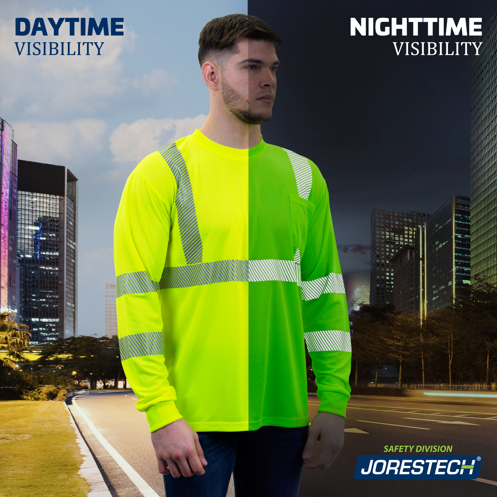 A man standing in the middle of the road while wearing a JORESTECH High Visibility long sleeve yellow safety shirt. Divided in the middle to compare the look of the shirt during day and night time. nighttime light while the other has day time light. 