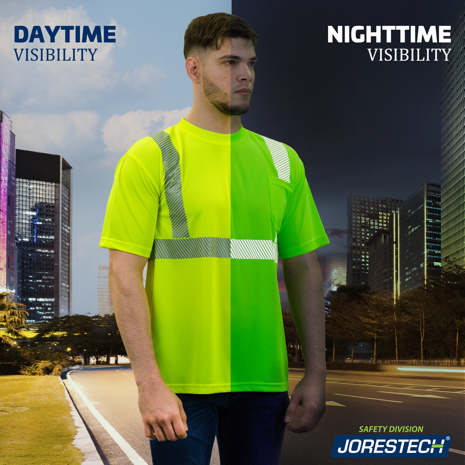 Image of a man standing in the middle of the road while wearing a JORESTECH High Visibility short sleeve yellow safety shirt. The image is divided in the middle and one half has nighttime light while the other has day time light. The image shows the change in colors of the shirt and its hi visibility fabric as well as the segmented reflective material.
