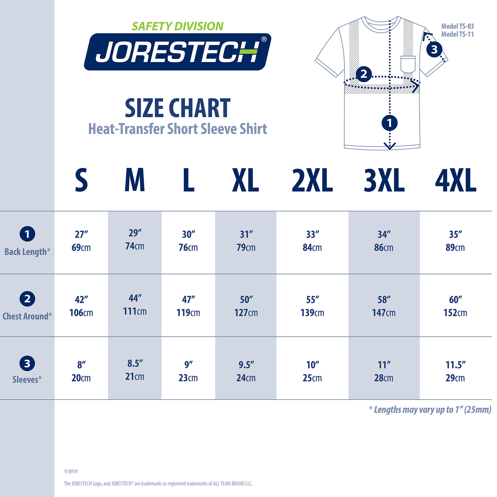 Size chart for the JORESTECH heat transfer yellow reflective ANSI safety shirt
