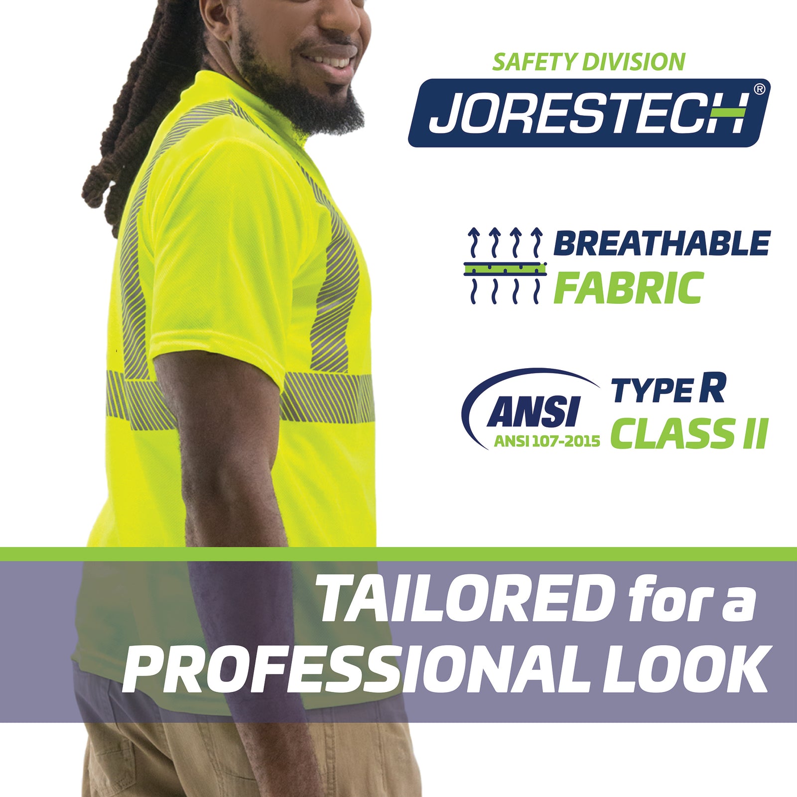Man wearing the short sleeve heat transfer safety JORESTECH shirt. Text reads: breathable fabric. ANSI Type R, Class 2. Tailored for a professional look