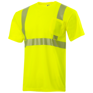 Hi-Vis Lime/Yellow heat transfer reflective safety pocket shirt with breathable birds eye polyester fabric