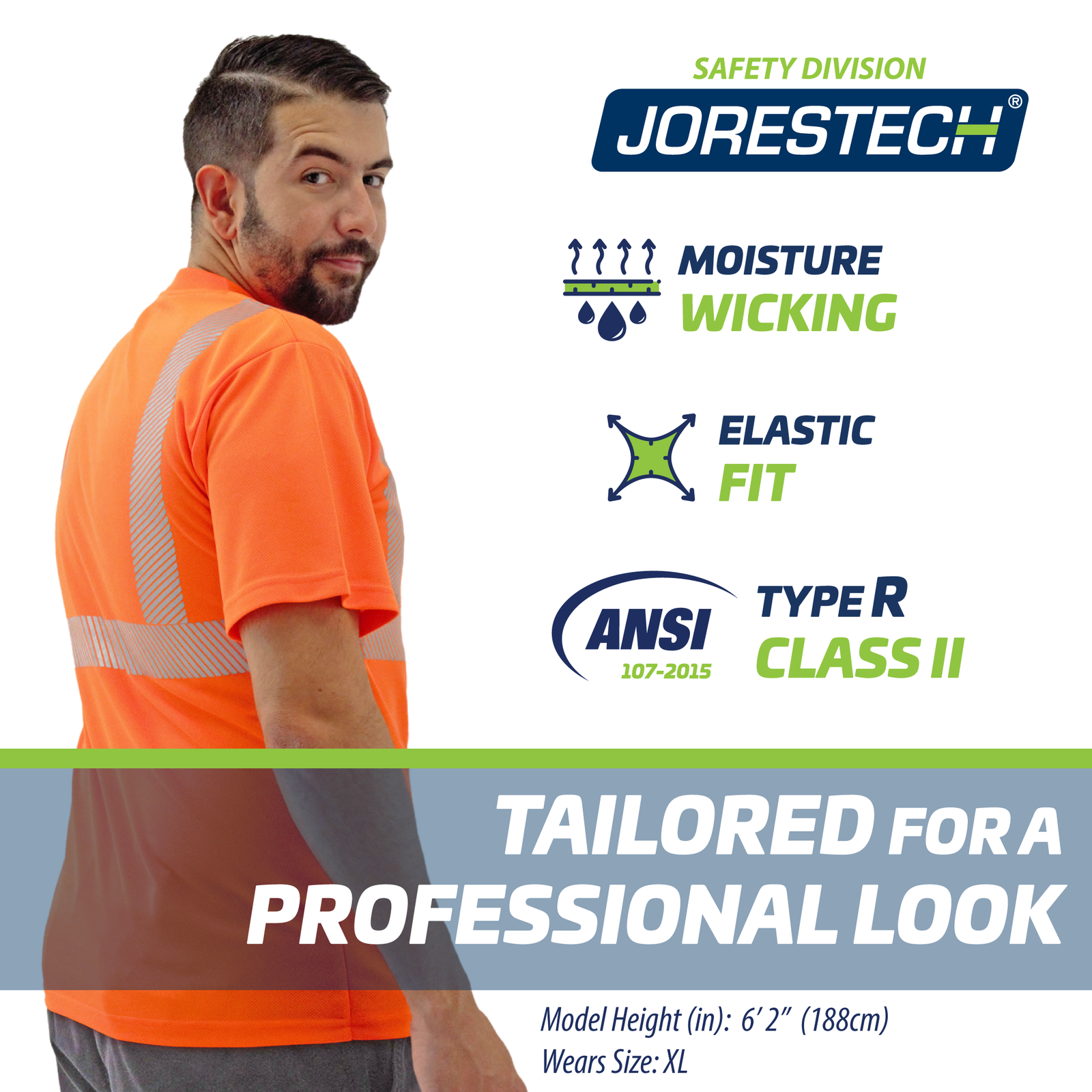 Man wearing the JORESTECH orange hi visibility heat transfer reflective safety shirt. Icons with text read: Moisture wicking, Elastic fit, ANSI 107-2017 Type R class 2. Tailored for a professional look. 