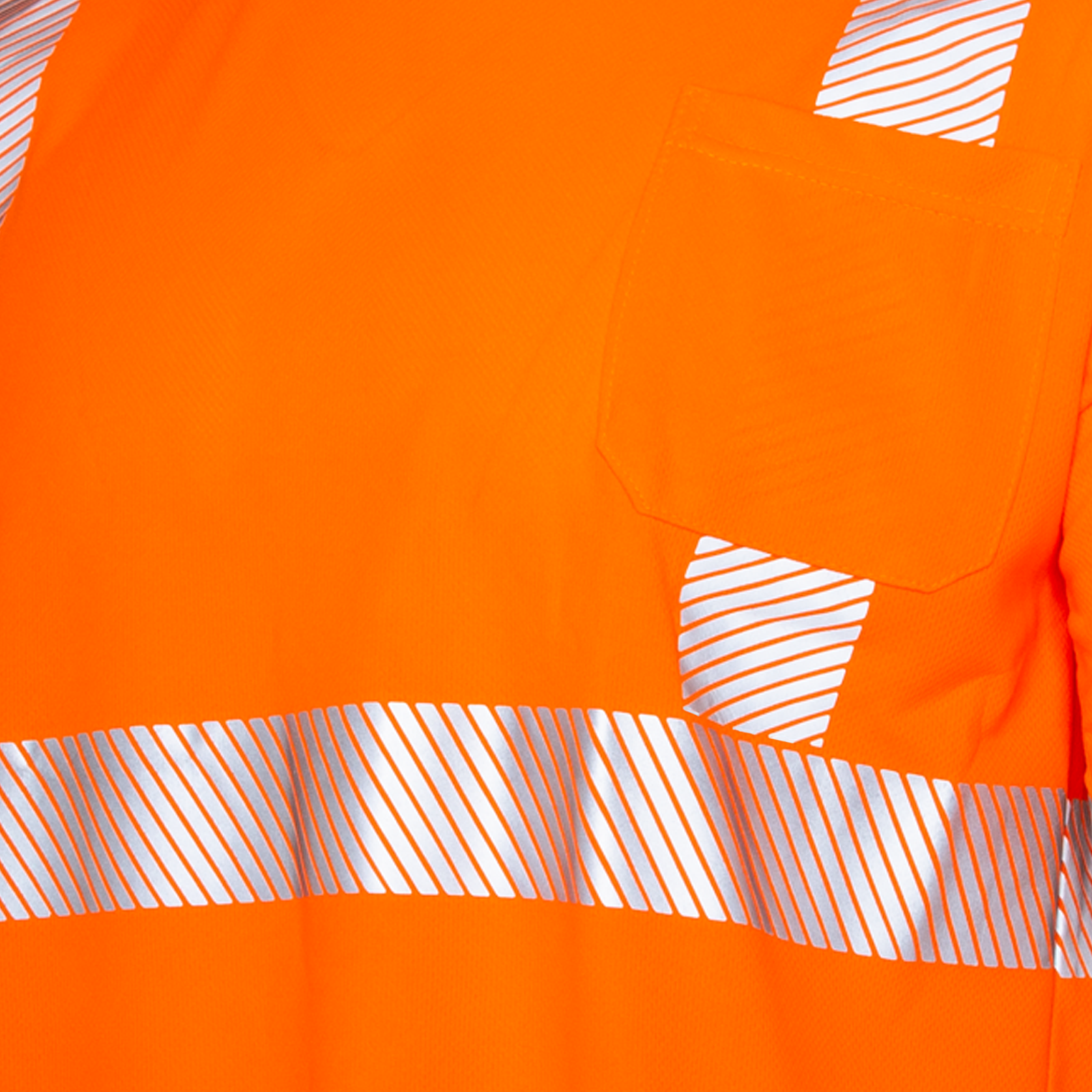 Close up of the pocket and the segmented  heat transfer strip on the JORESTECH reflective orange safety short sleeve shirt