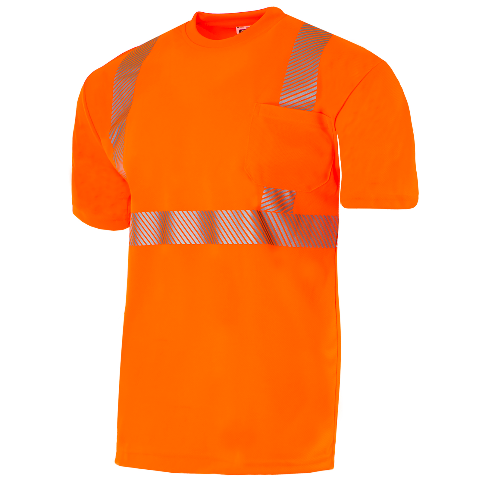 Diagonal view of the JORESTECH Hi-Vis Orange heat transfer reflective safety pocket shirt 