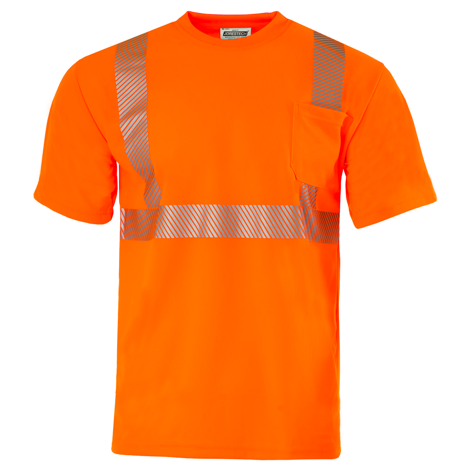 Front view of the JORESTECH Hi-Vis Orange heat transfer reflective safety pocket shirt