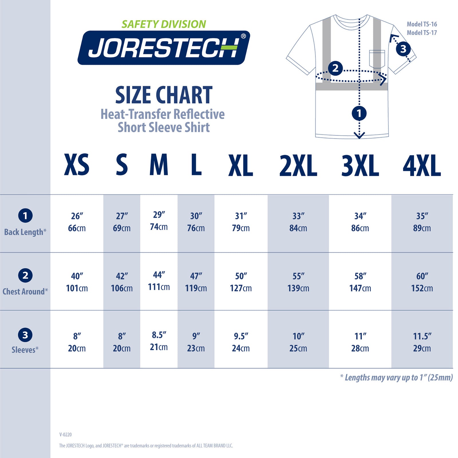 Size chart for the JORESTECH  Hi Vis heat transfer reflective safety pocket shirt ANSI class 2 type R