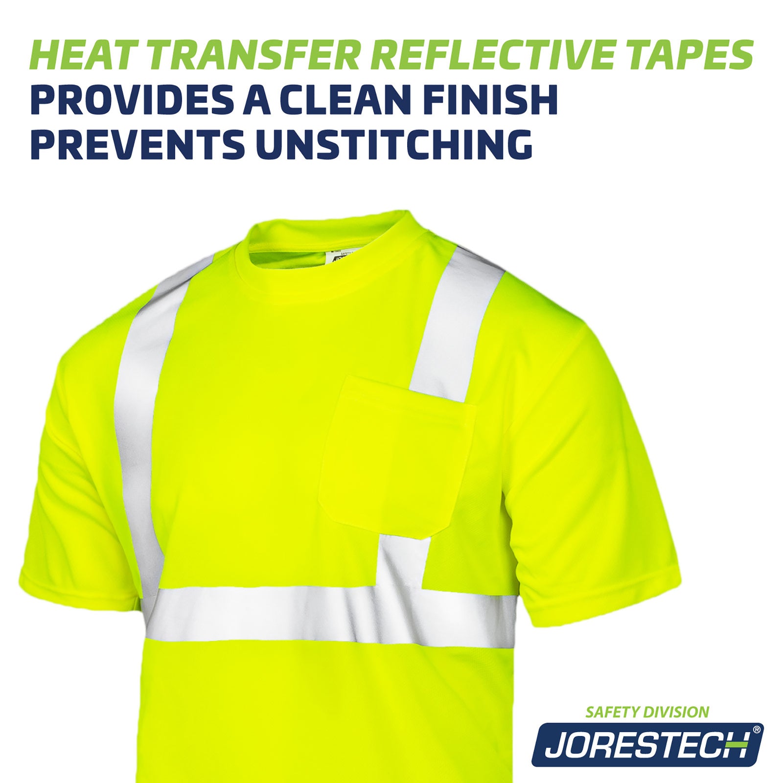 Close up to show the heat transfer strips on the hi vis yellow safety shirt. Text reads: heat transfer reflective tapes provides a clean finish, prevents unstitching