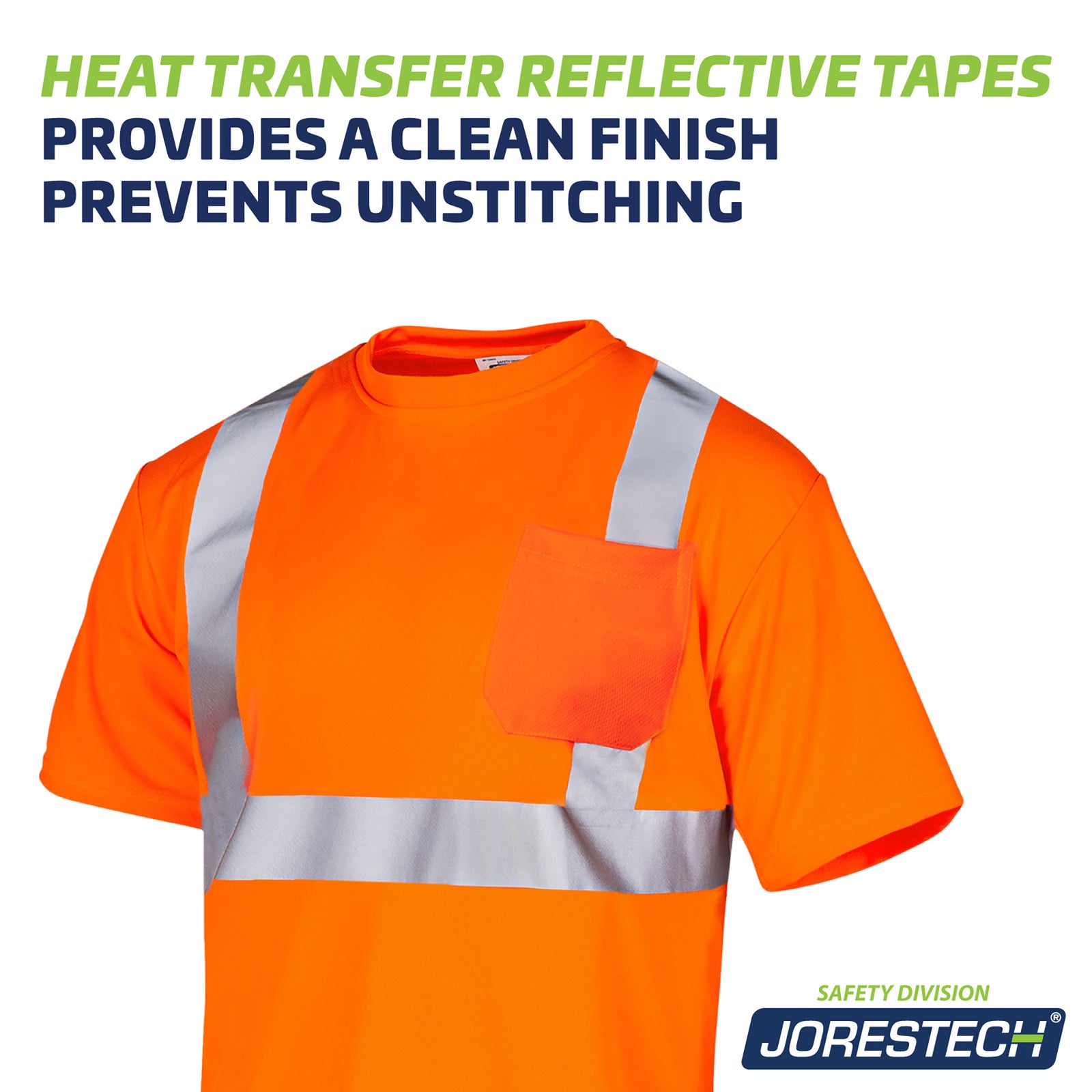 Close up of the orange reflective polyester safety shirt with heat transfer reflective strips. Text reads: Hear transfer reflective tapes provide a clean finish and prevents unstitching