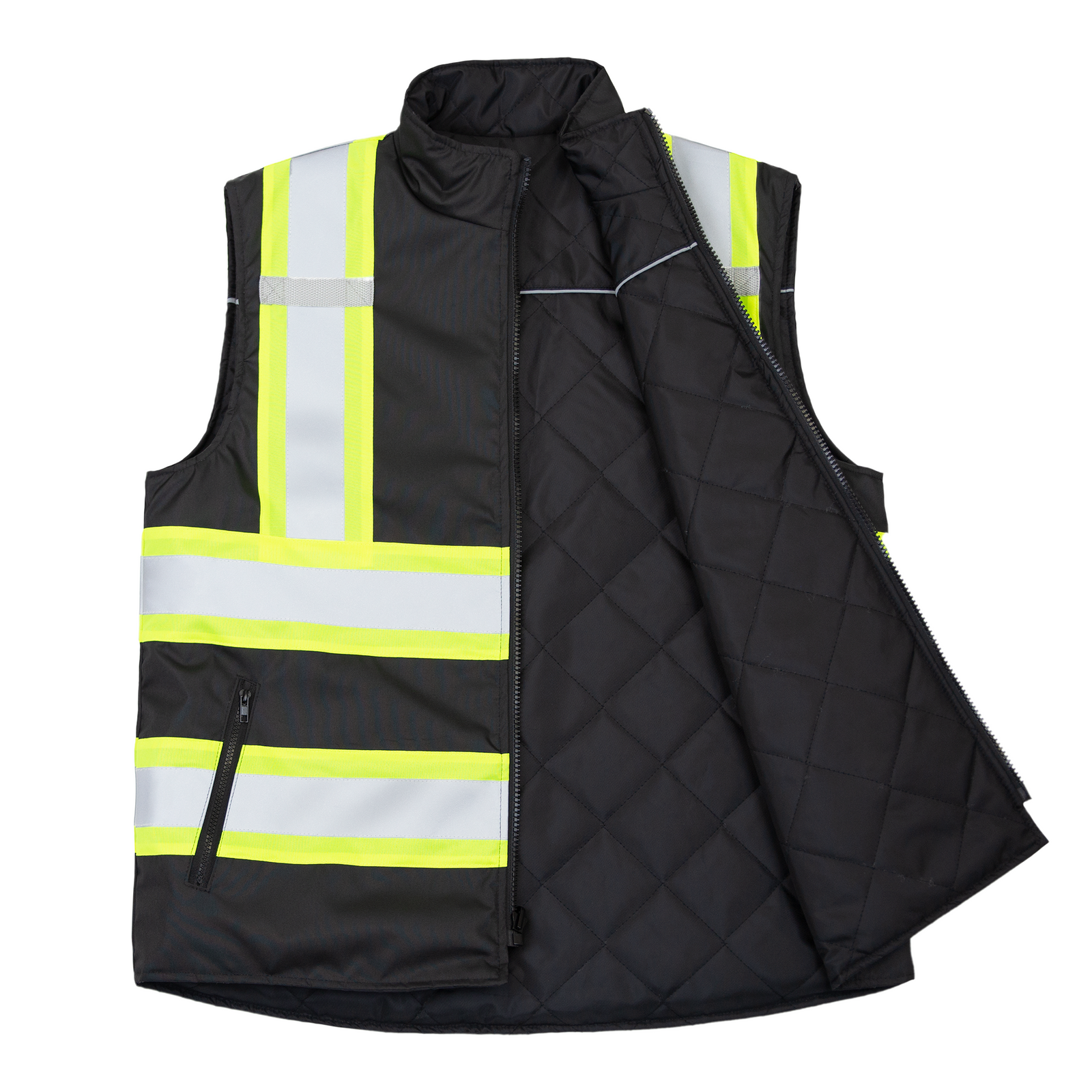 Diagonal view of the JORESTECH® reflective black reversible insulated safety vest with yellow contrasting stripes