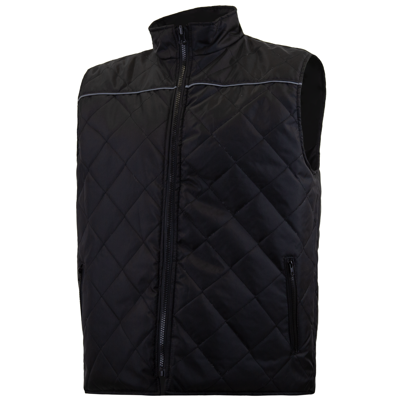 Diagonal view of the black side of the JORESTECH vi-vis X on back reversible insulated safety vest with reflective strips