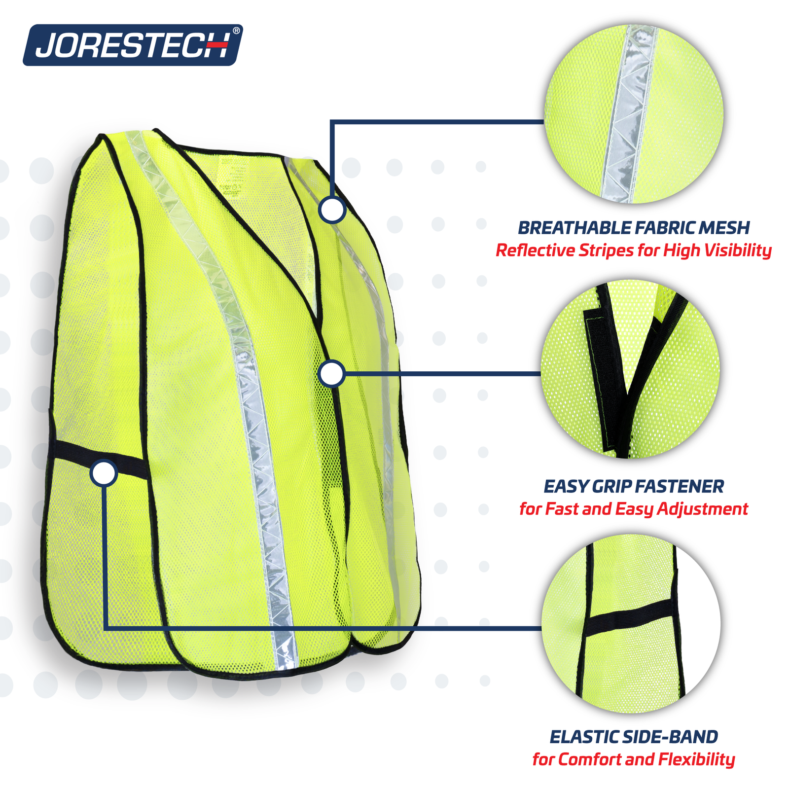 Hi vis mesh safety vest with 1 inch reflective strip with elastic side bands, breathable mesh and hook and loop fastener