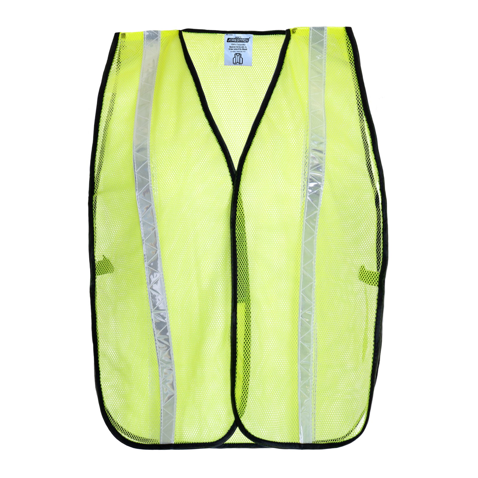 Front view of a yellow/lime hi vis mesh safety vest with 1 inch reflective strip and side elastic straps