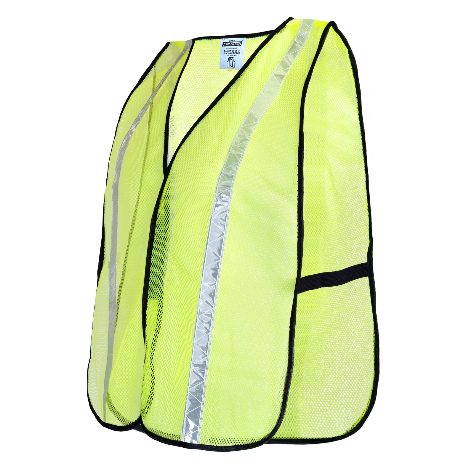 Features a one size fits most high visibility yellow lime mesh safety vest with 1 inch reflective strip and side elastic straps