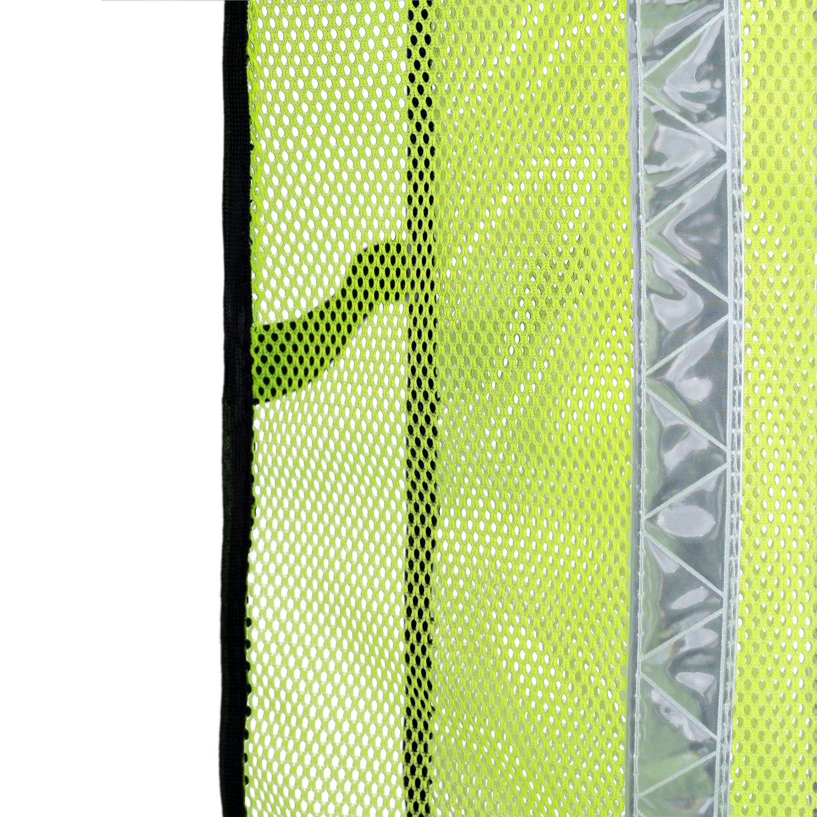Close up showing the hi visibility yellow mesh and the reflective stripe on the safety vest
