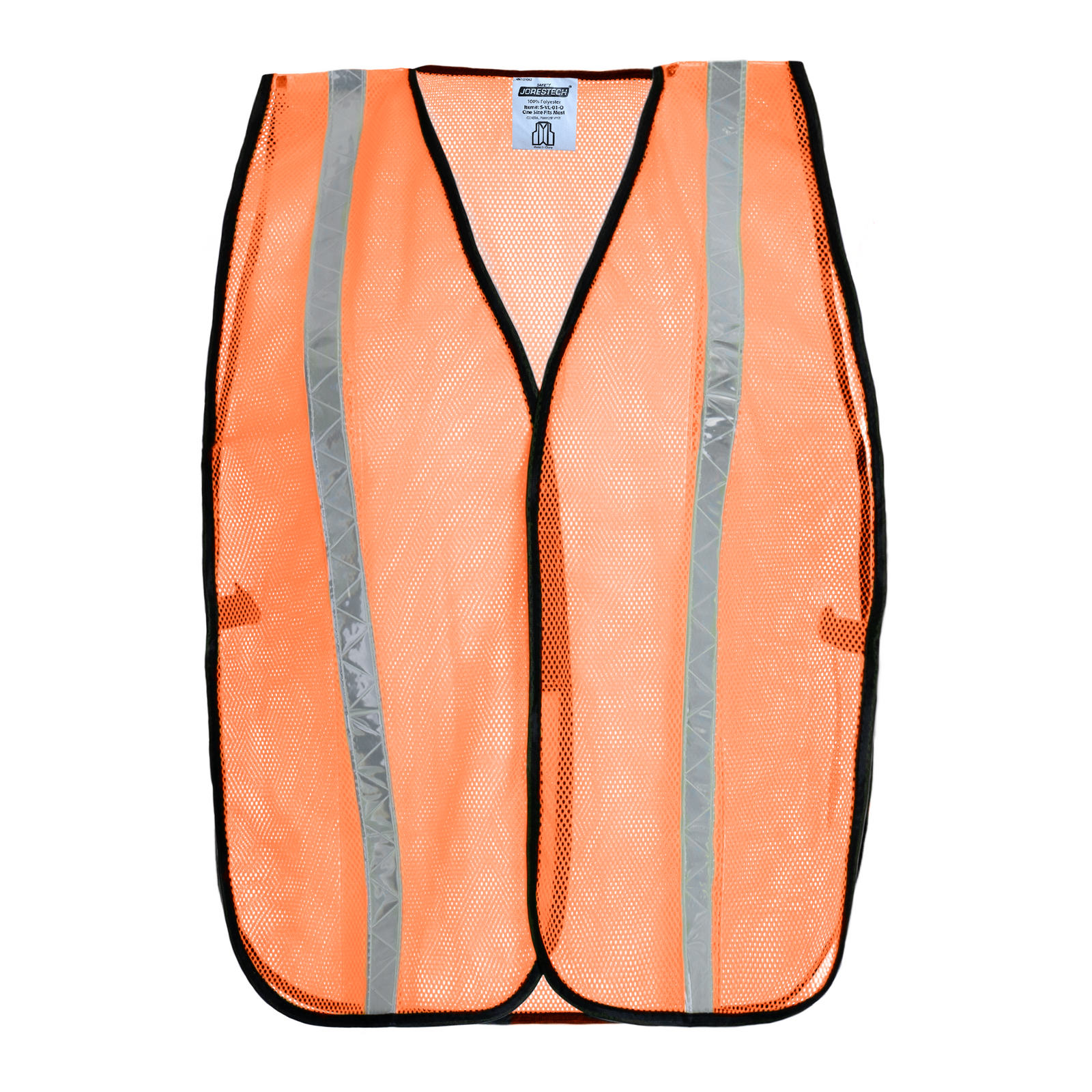 Front view of an orange hi visibility JORESTECH® mesh safety vest with 1 inch reflective strip and black side elastic straps