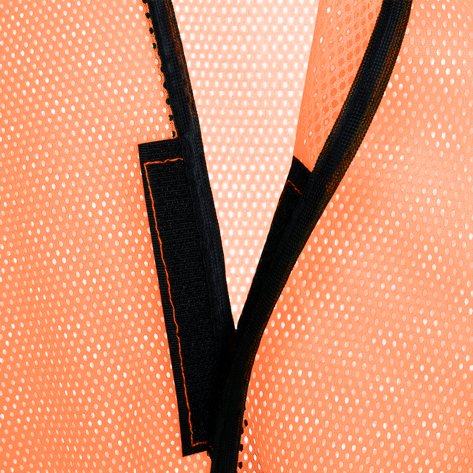 Close-up shows the hook and loop fastener system of the hi visibility safety vest with prismatic stripes
